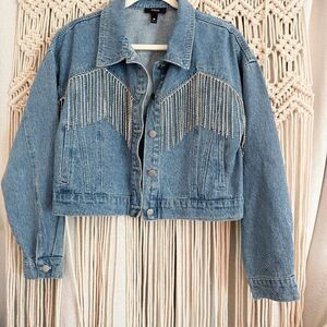 Agua Jean Jacket with Rhinestone Fringe – Size Large, EUC